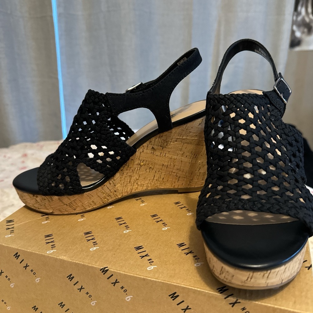 Mix No. 6 Black Wedge Sandals with Cork Heel